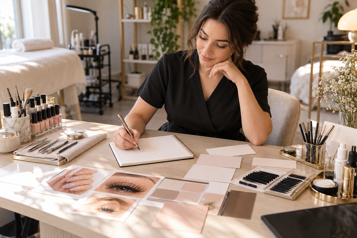 Beauty technician planning a clear salon service menu