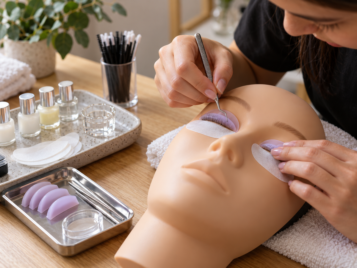 Close professional beauty training setup for lash lift, silicone shields and lash tools with a mannequin eye model