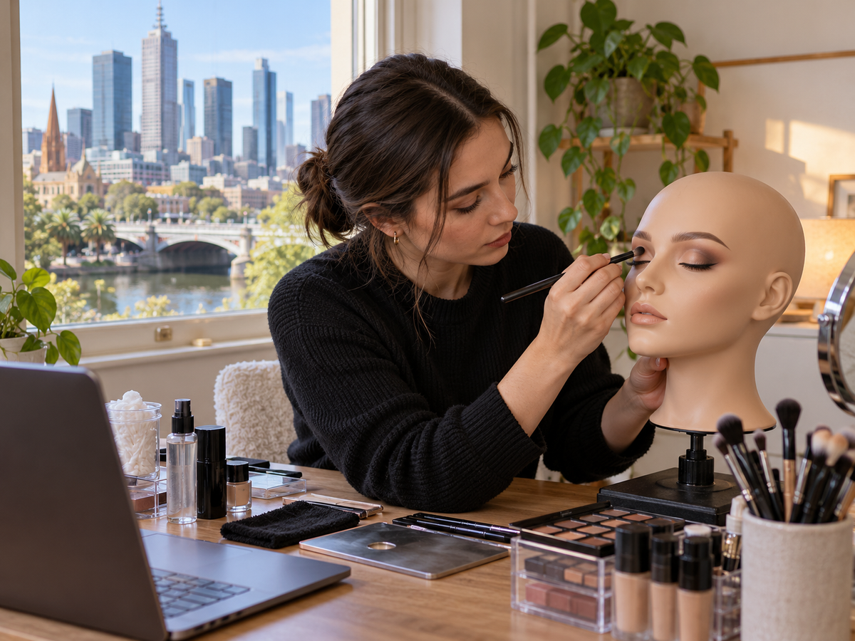 A makeup student applying makeup to a mannequin face at a tidy Melbourne home training station