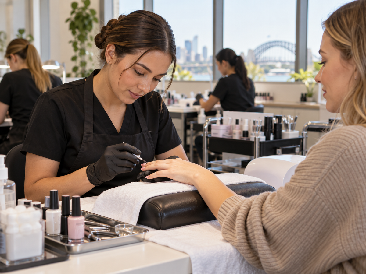 A beauty student practicing a nail service with a consenting friend as model in a bright Australian training space